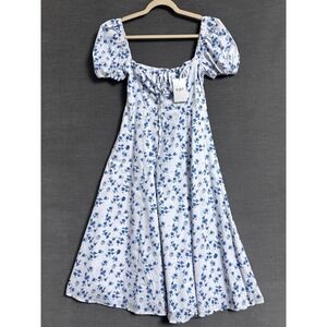 NEW One Pretty Time OPT Dress M Blue White Floral Milkmaid Puff Sleeve Midi Slit